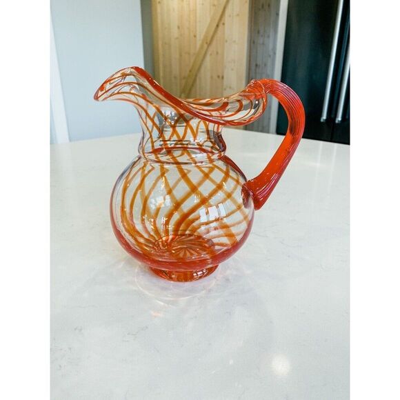 Vintage Red Swirl Ruffled Brim Hand Blown Glass Pitcher, 7" Tall - Picture 1 of 8